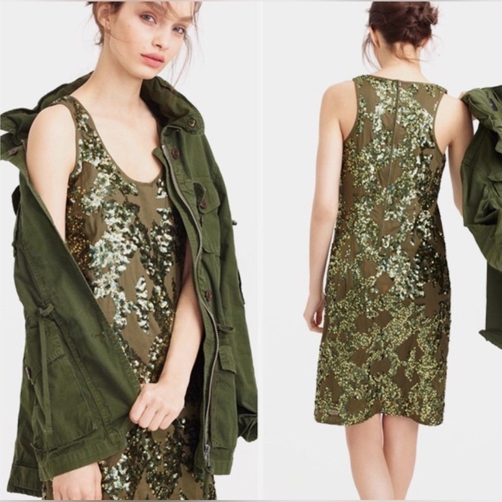 J. Crew $168 Iridescent Sequin Shift Mini Dress - Olive Green Size 0 like new
